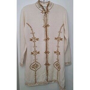Coldwater Creek S Women's Long Cardigan Ivory Gold w/ Embroidery Toggle Buttons
